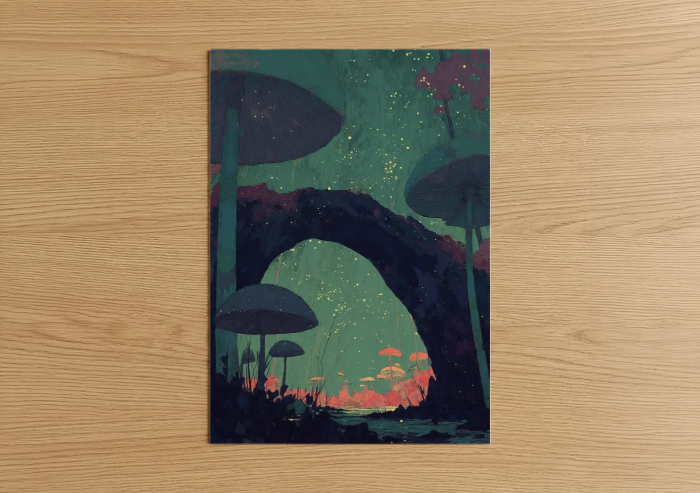 Art print on warm oak wood — teal and gold palette — Luminous Arch poster