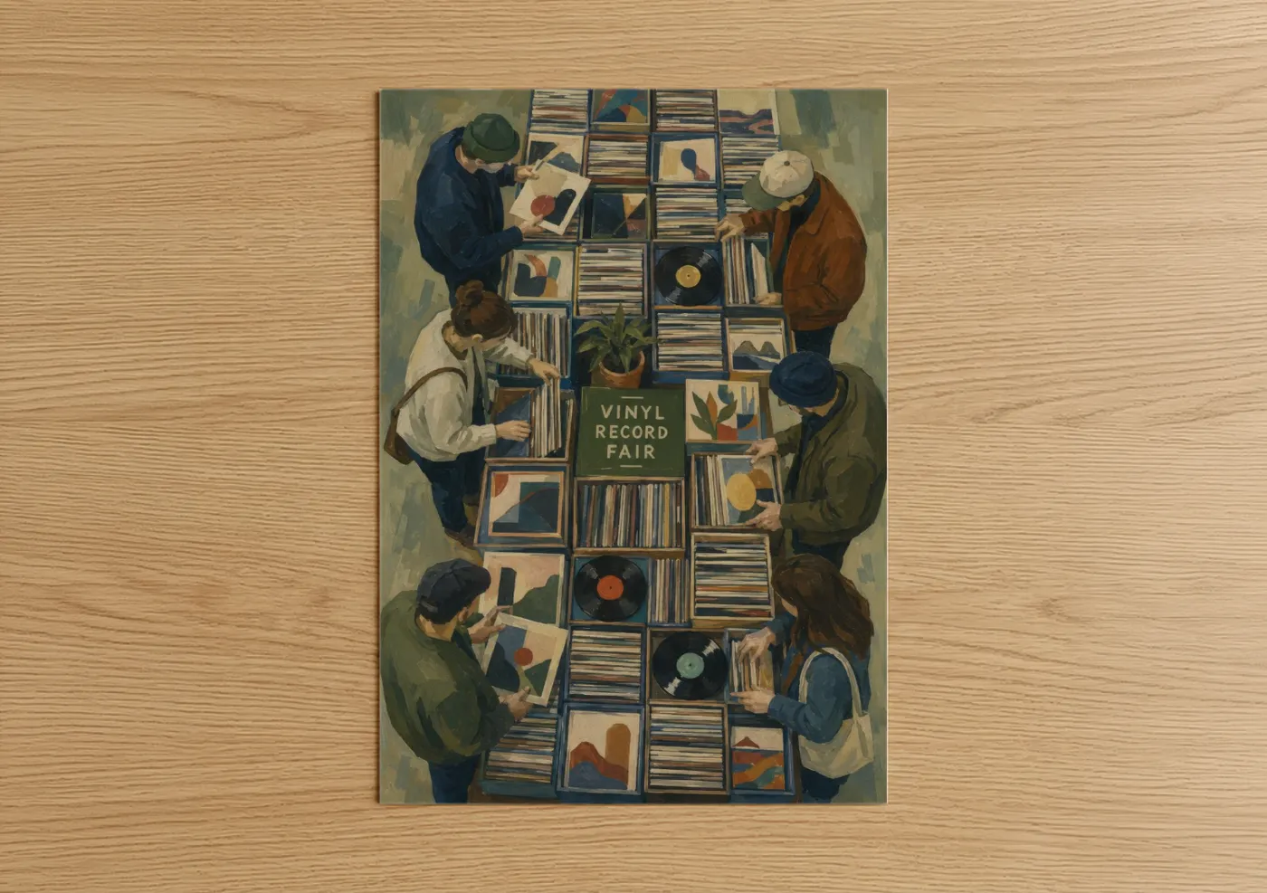 Vinyl records art print on warm oak wood — beige and blue palette — Vinyl Record Fair Aerial View Wall Art poster