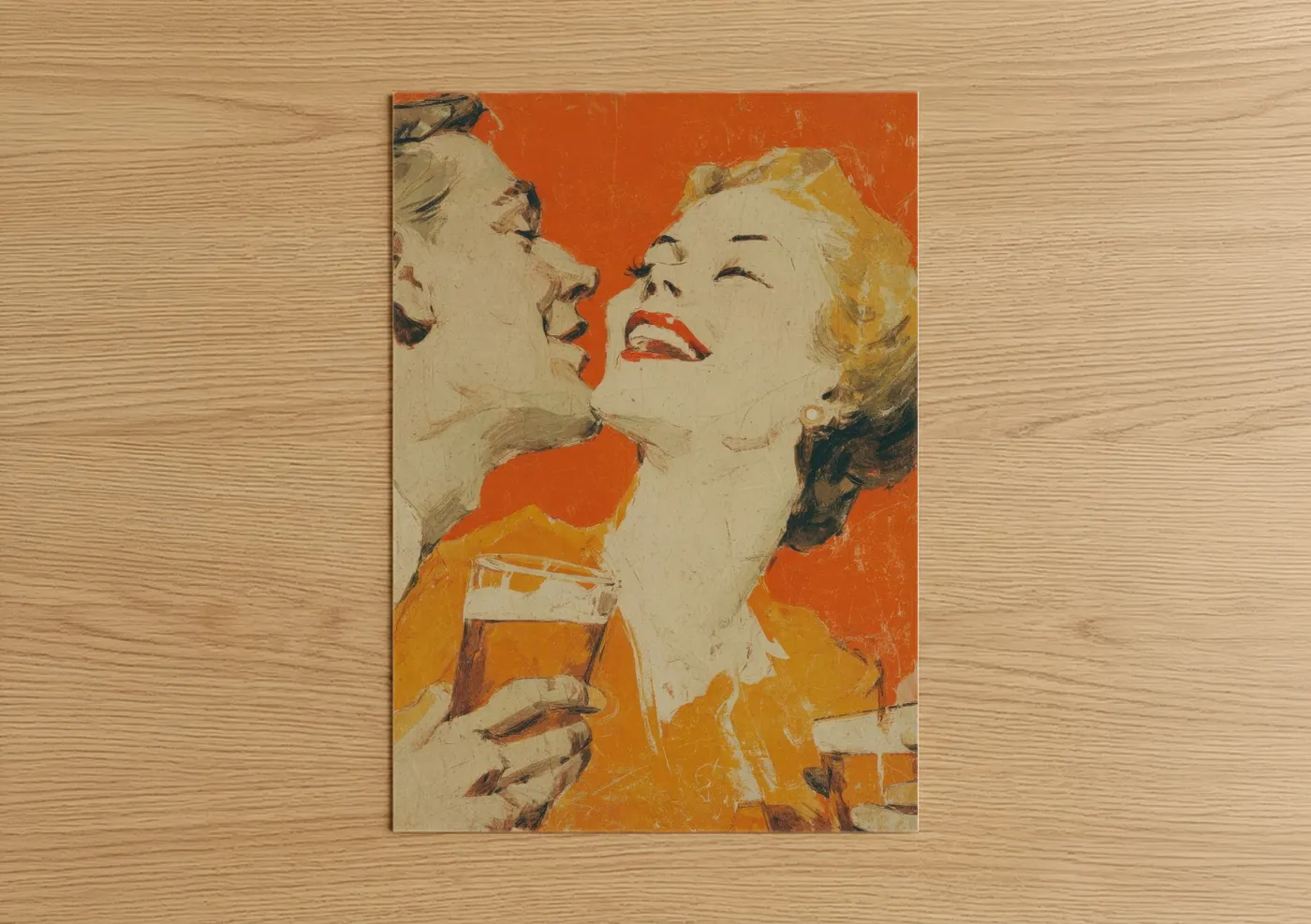 Art print on warm oak wood — orange and gold palette — Vintage Beer Flirtation poster
