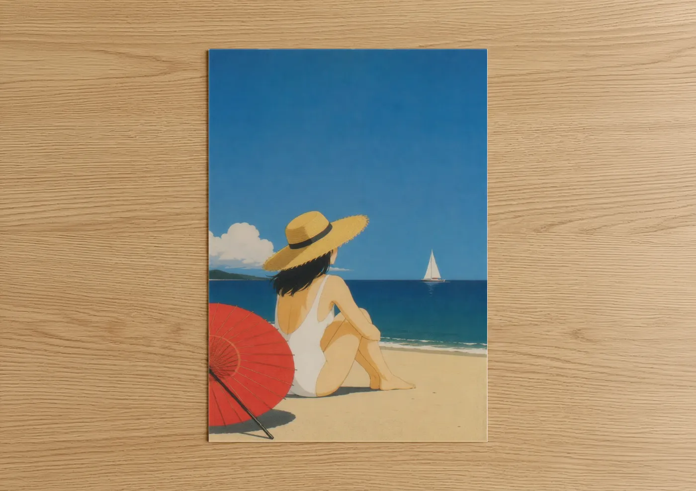 Sandy beach art print on warm oak wood — blue and beige palette — Coastal Beach Woman in Straw Hat Wall Art poster