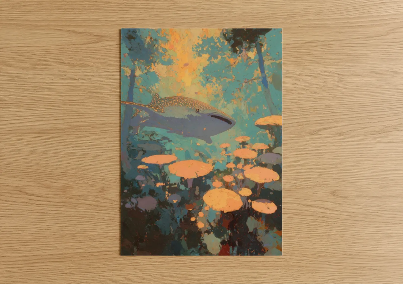 Art print on warm oak wood — gold and teal palette — Golden Whale Shark poster