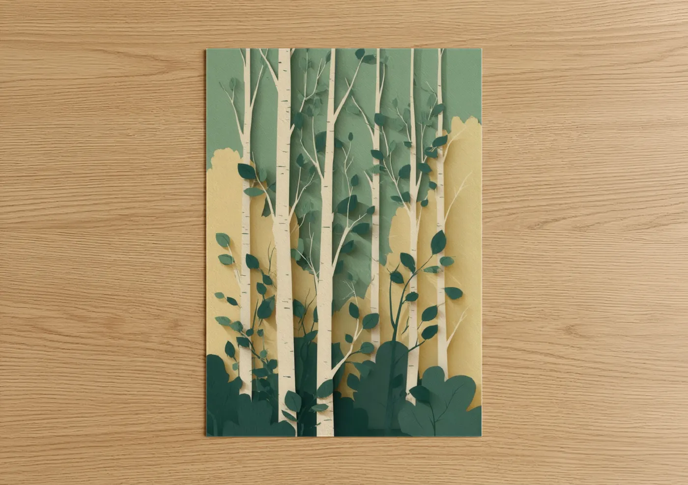 Art print on warm oak wood — light green and champagne gold palette — Golden Birch Forest poster