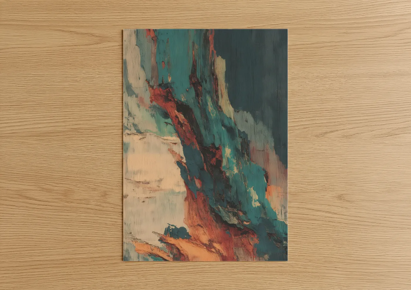 Bonsai tree art print on warm oak wood — teal and red palette — Teal Bonsai Meditation poster
