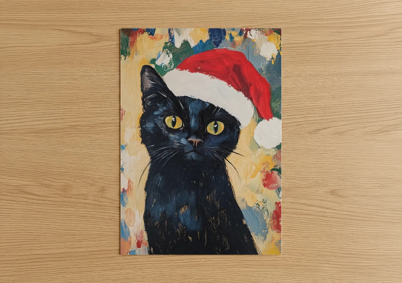 Black Cat Santa Hat Holiday Portrait Wall Art