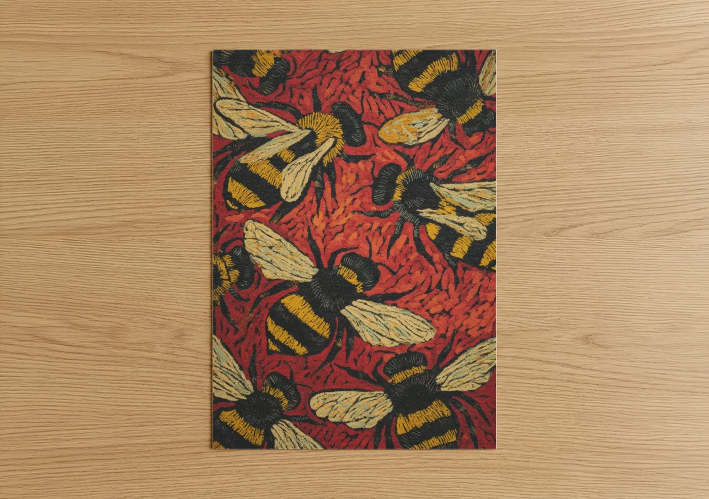 Art print on warm oak wood — red and gold palette — Golden Bee Pattern poster