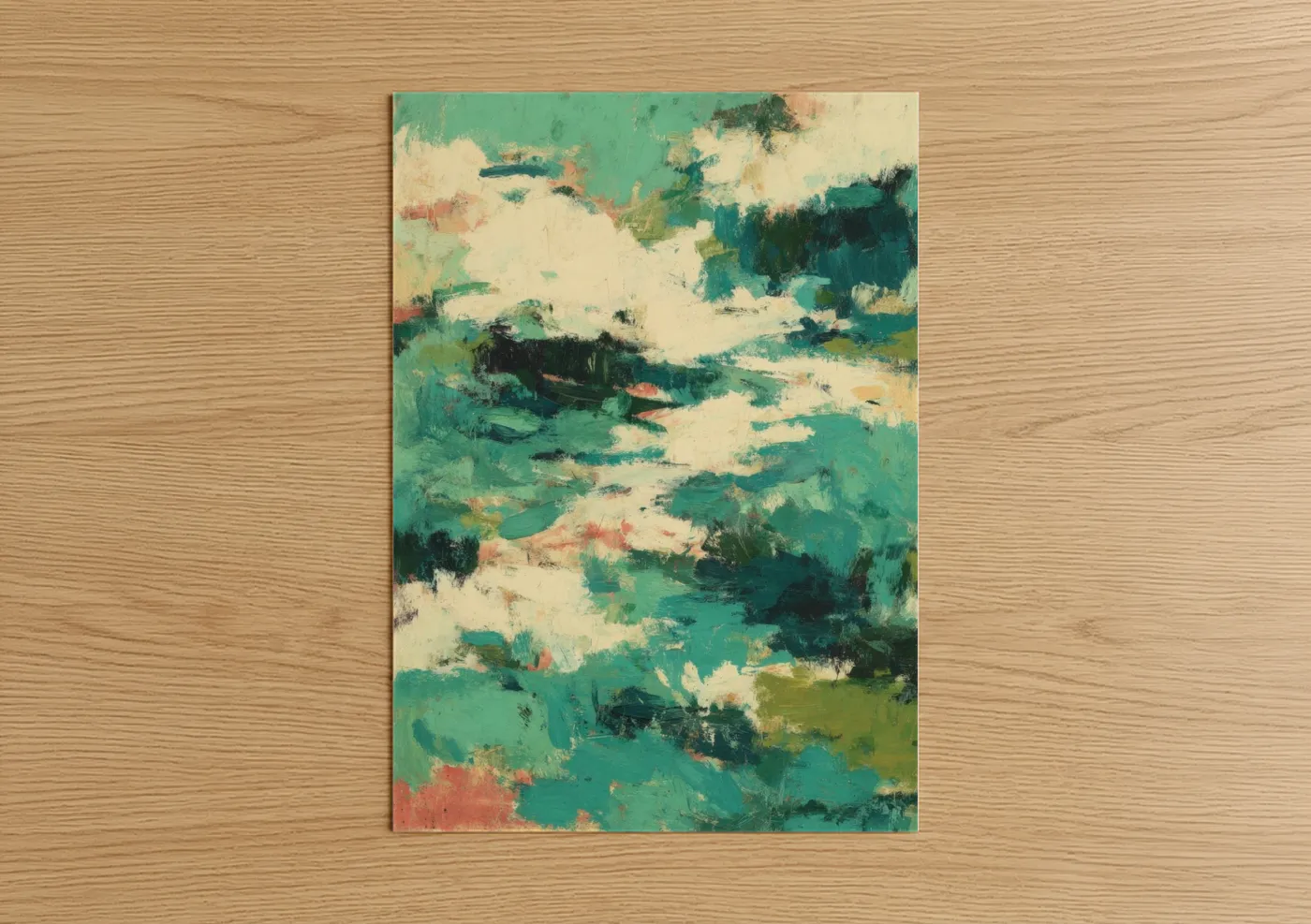 Abstract expressionism art print on warm oak wood — teal and cream palette — Emerald Abstraction poster