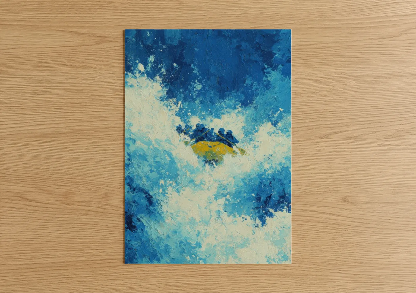 Rafting art print on warm oak wood — blue and white palette — Whitewater Adventure poster