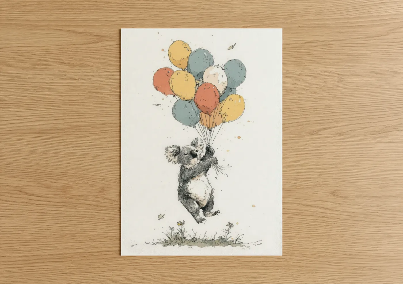 Art print on warm oak wood — blue and peach palette — Balloon Koala poster