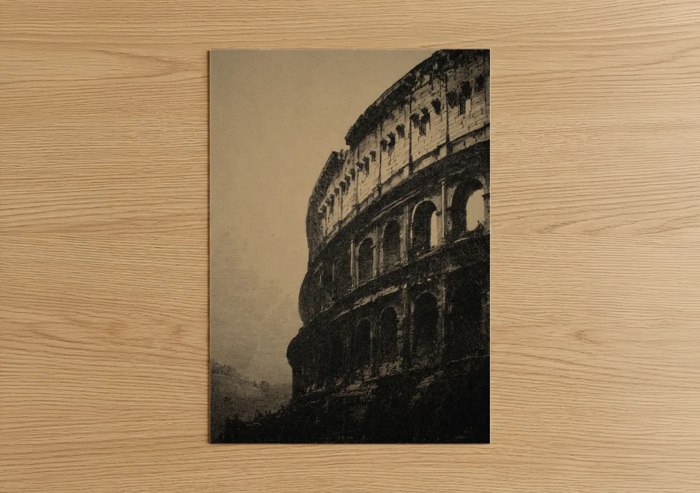 Art print on warm oak wood — black and white and beige palette — Ancient Colosseum poster