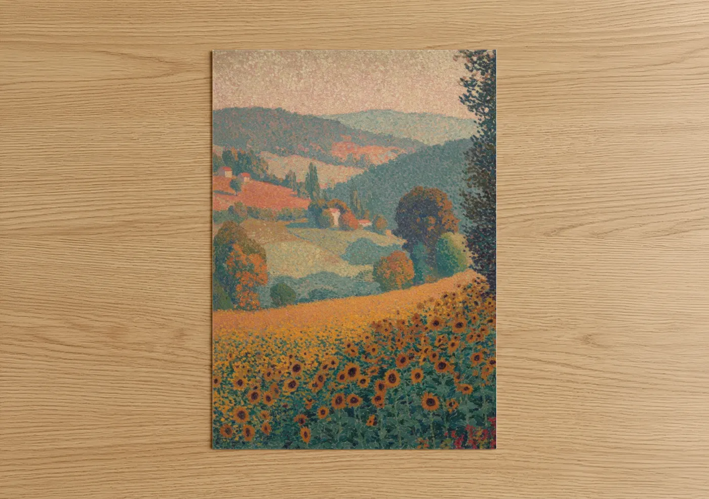 Sunflower field art print on warm oak wood — gold and true green palette — Golden Sunflower Valley poster