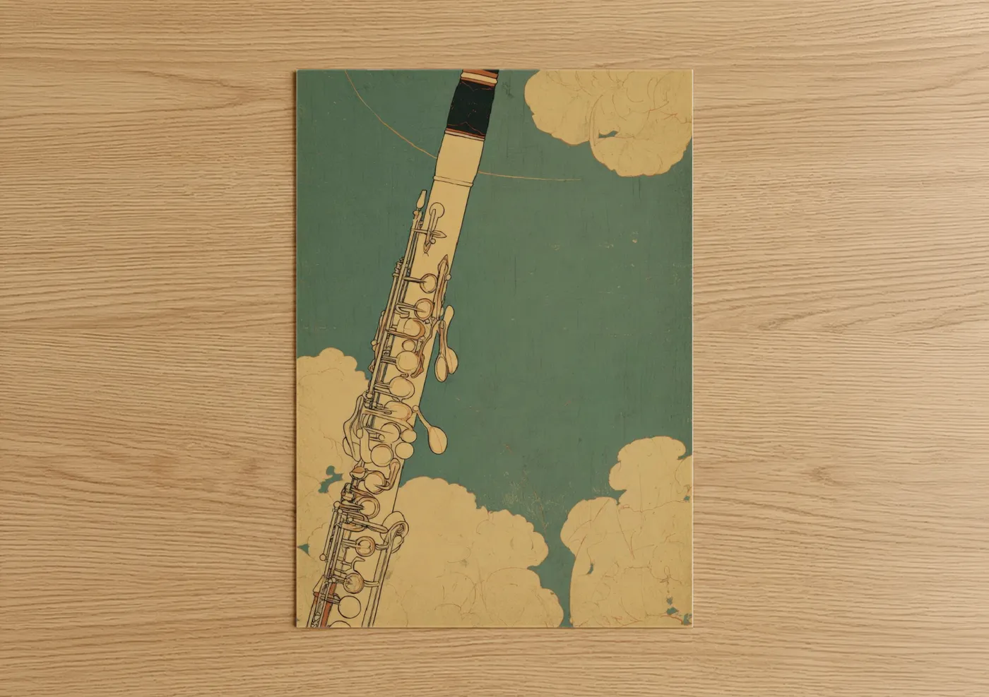 Art print on warm oak wood — sage green and cream palette — Cloudy Clarinet poster