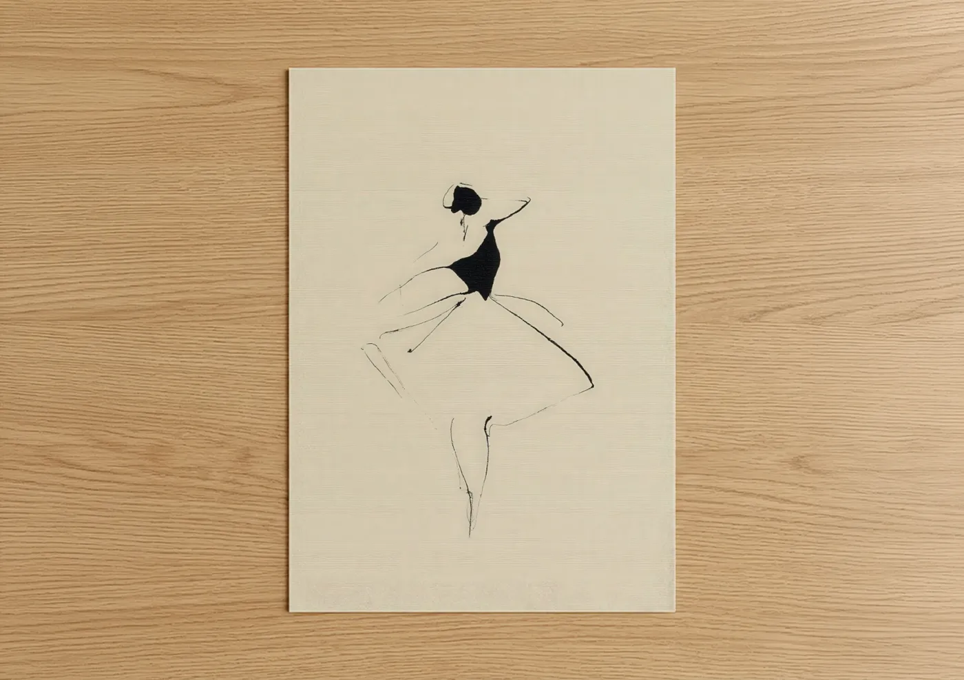 Art print on warm oak wood — black and white and cream palette — Graceful Flamenco poster