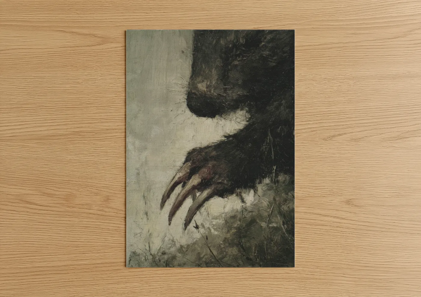Art print on warm oak wood — gray and beige palette — Earthy Wombat poster