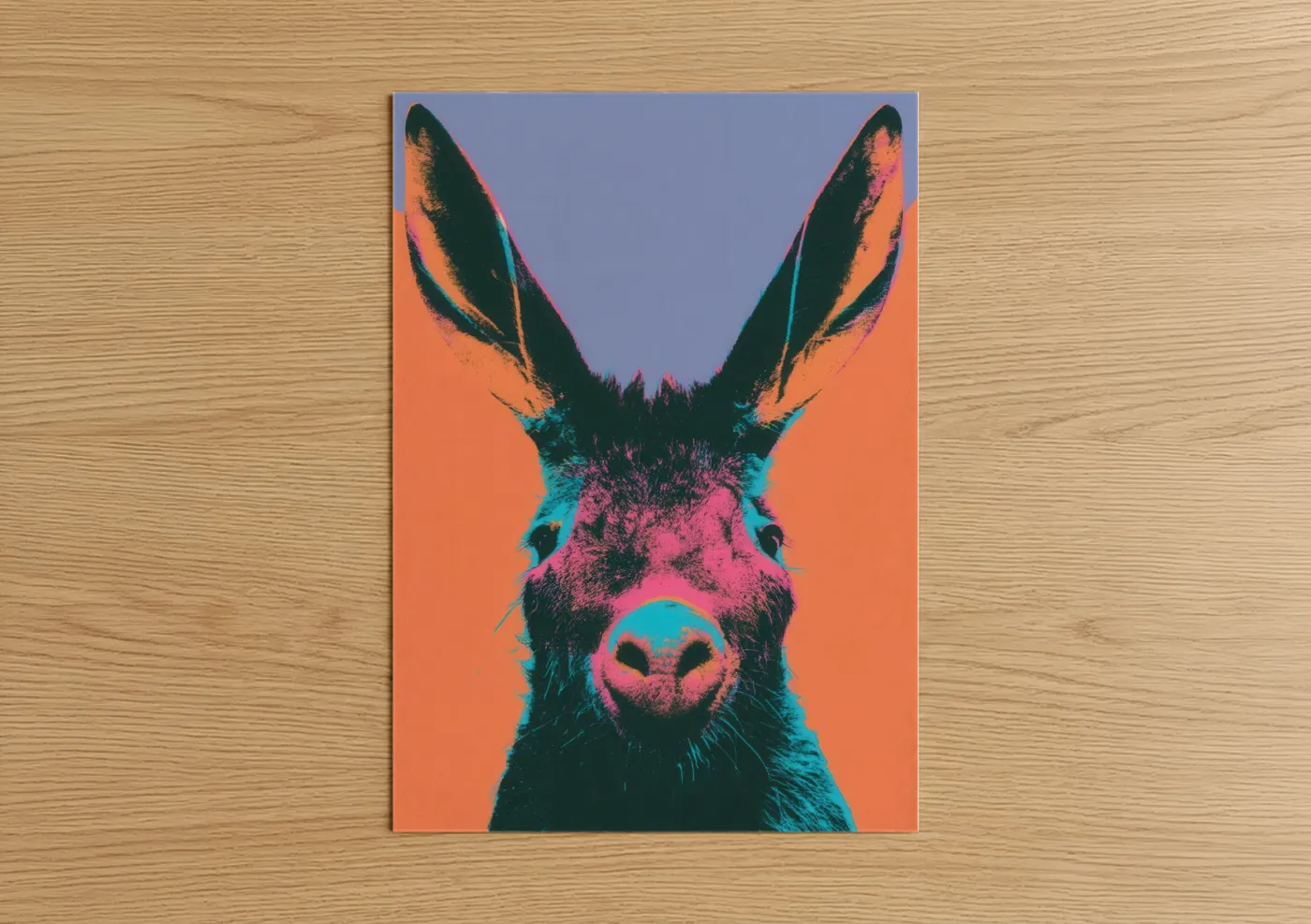 Art print on warm oak wood — magenta and orange palette — Neon Aardvark poster