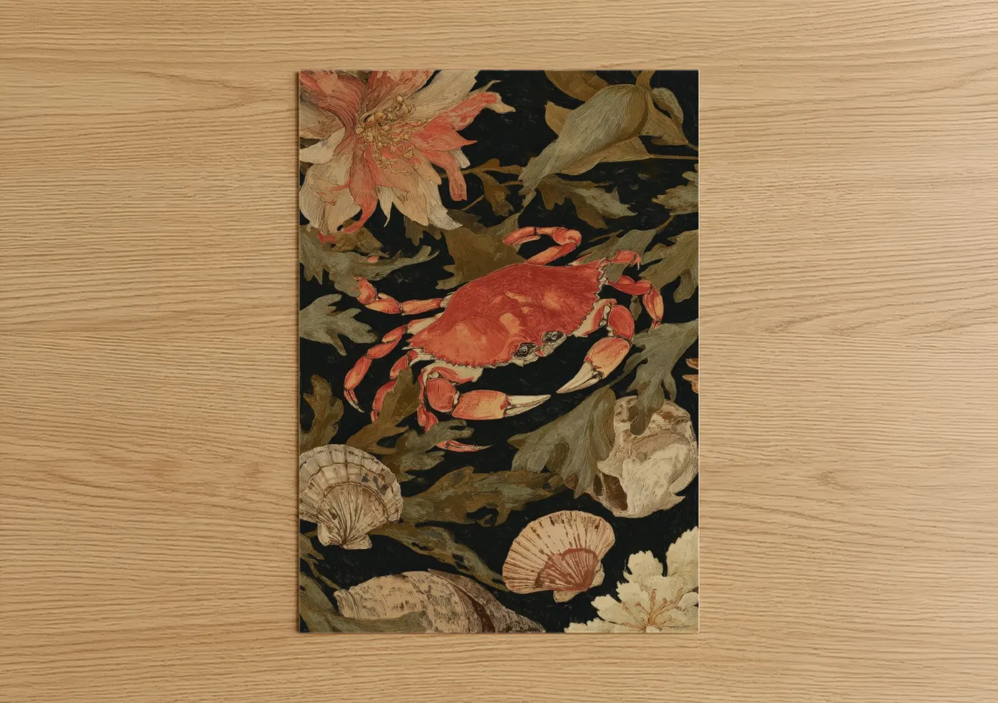 Crimson Crab with Shells Botanical Wall Art