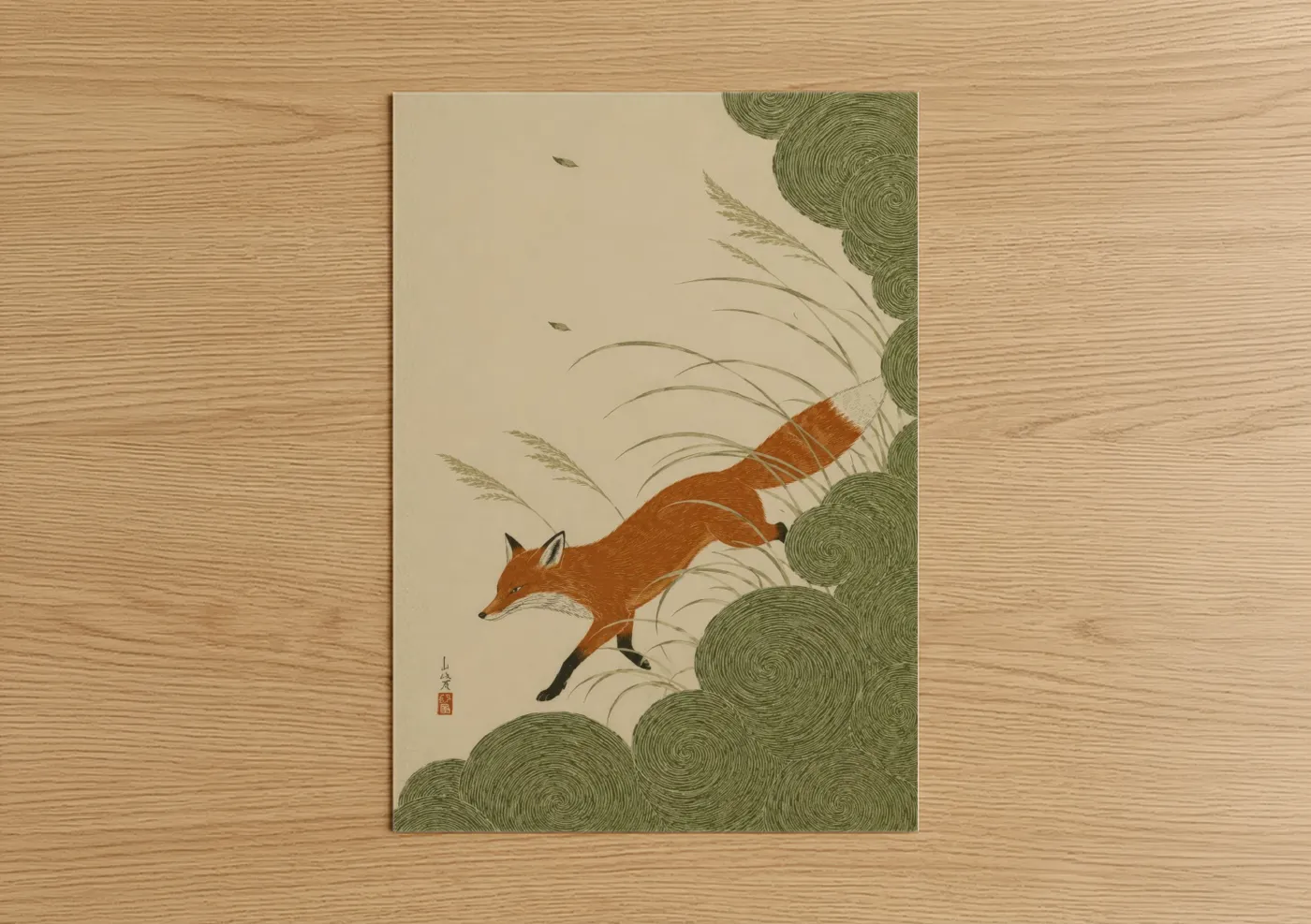 Art print on warm oak wood — beige and sage green palette — Japanese Fox in Grass Wall Art poster