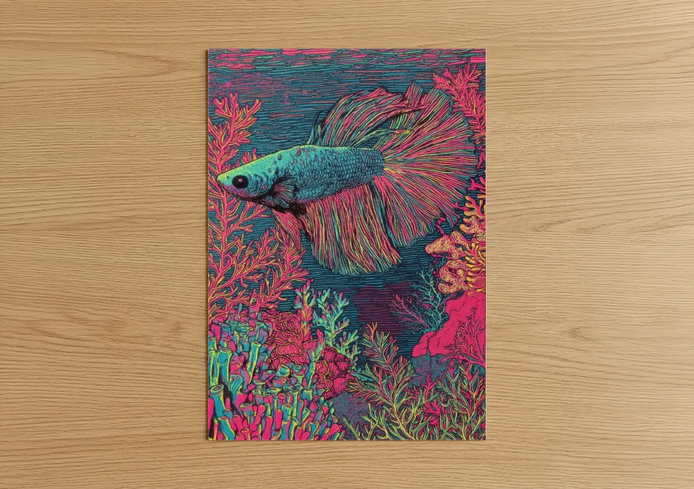 Fighting fish art print on warm oak wood — magenta and turquoise palette — Neon Betta Fish poster