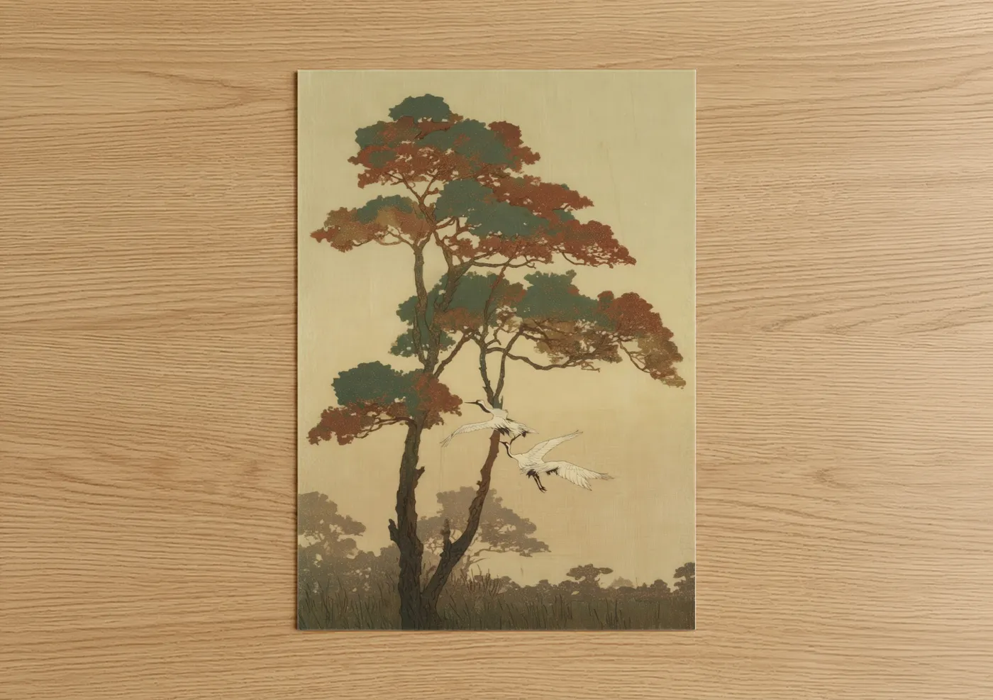 Serene Cedar Tree with White Birds Wall Art