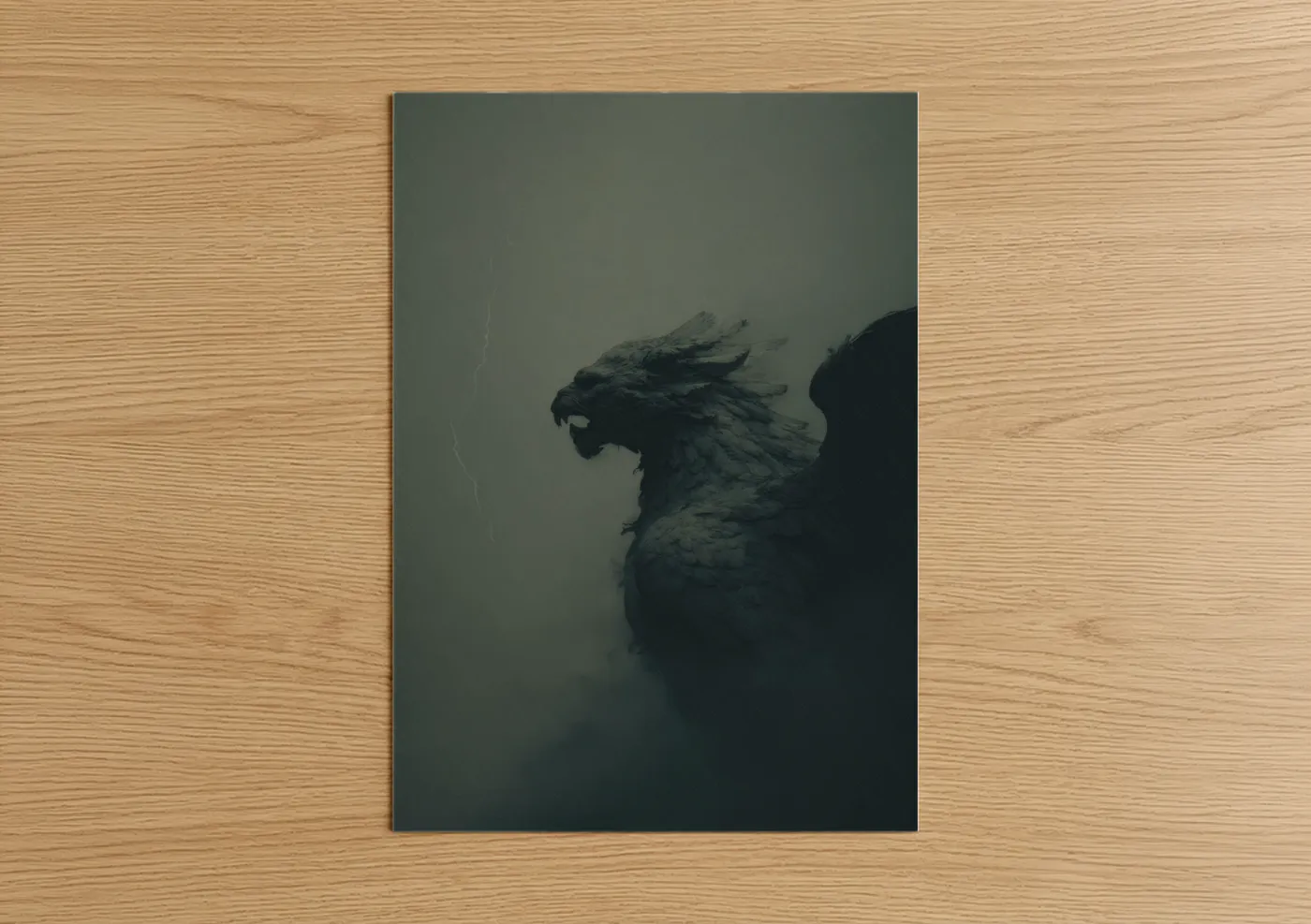 Art print on warm oak wood — black and gray palette — Stormy Sphinx poster