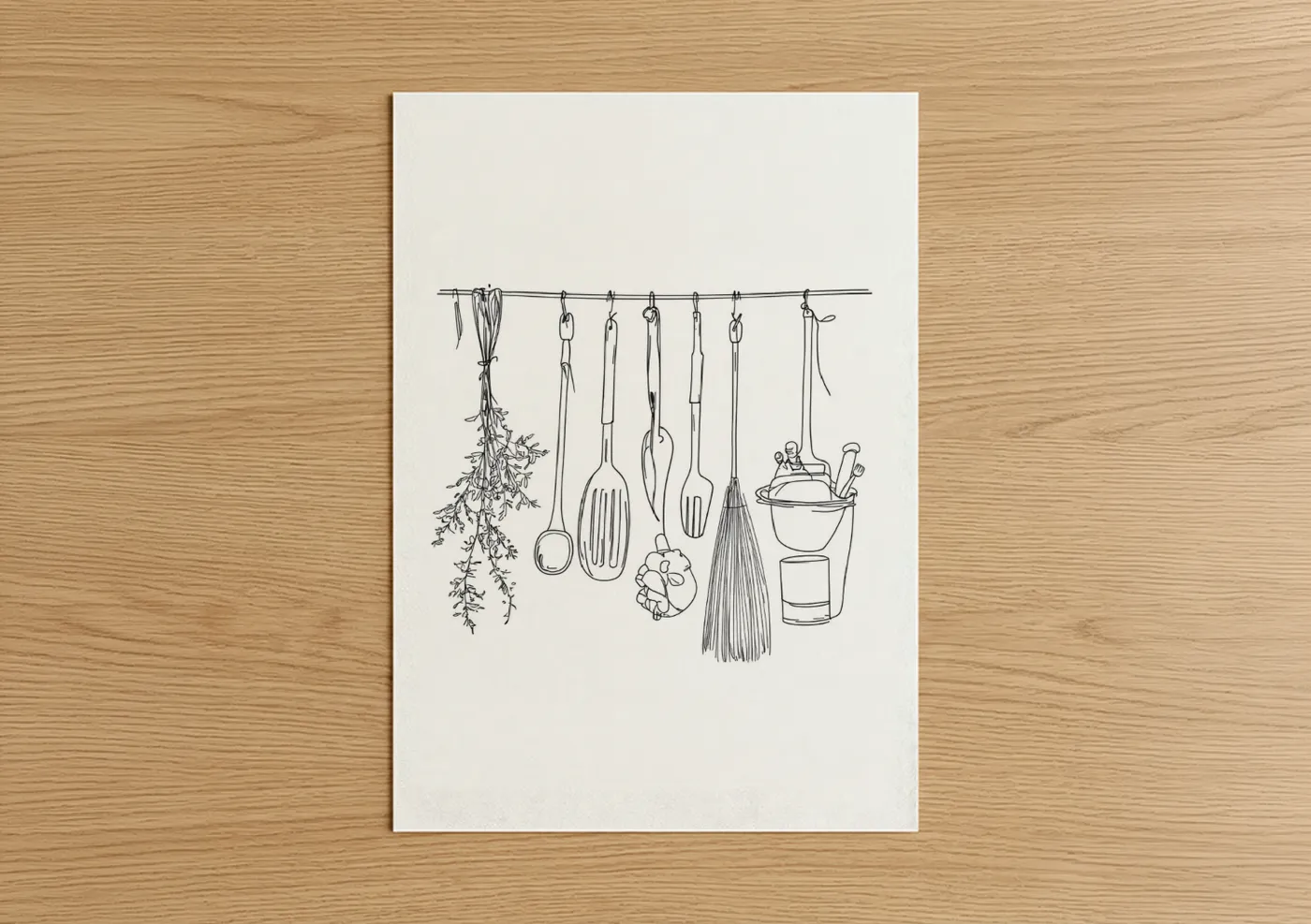 Art print on warm oak wood — black and white palette — Hanging Kitchen Utensils poster
