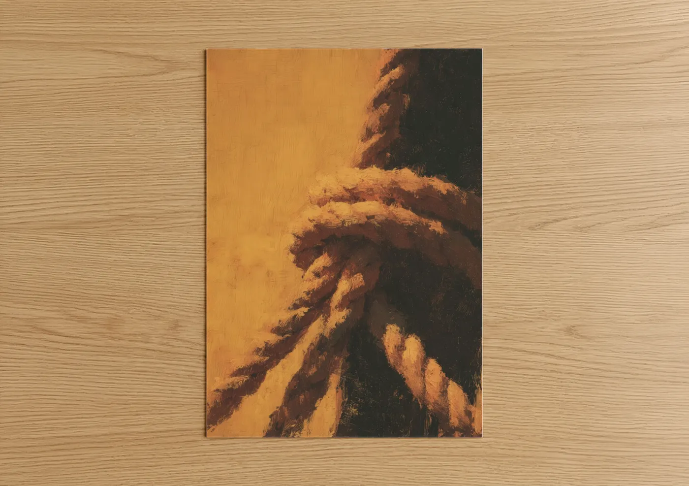 Rope knots art print on warm oak wood — gold and russet palette — Golden Rope Detail poster
