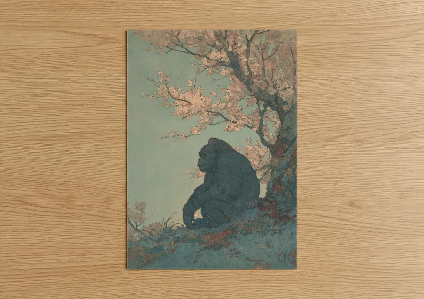 Art print on warm oak wood — sage green and salmon pink palette — Contemplative Orangutan poster