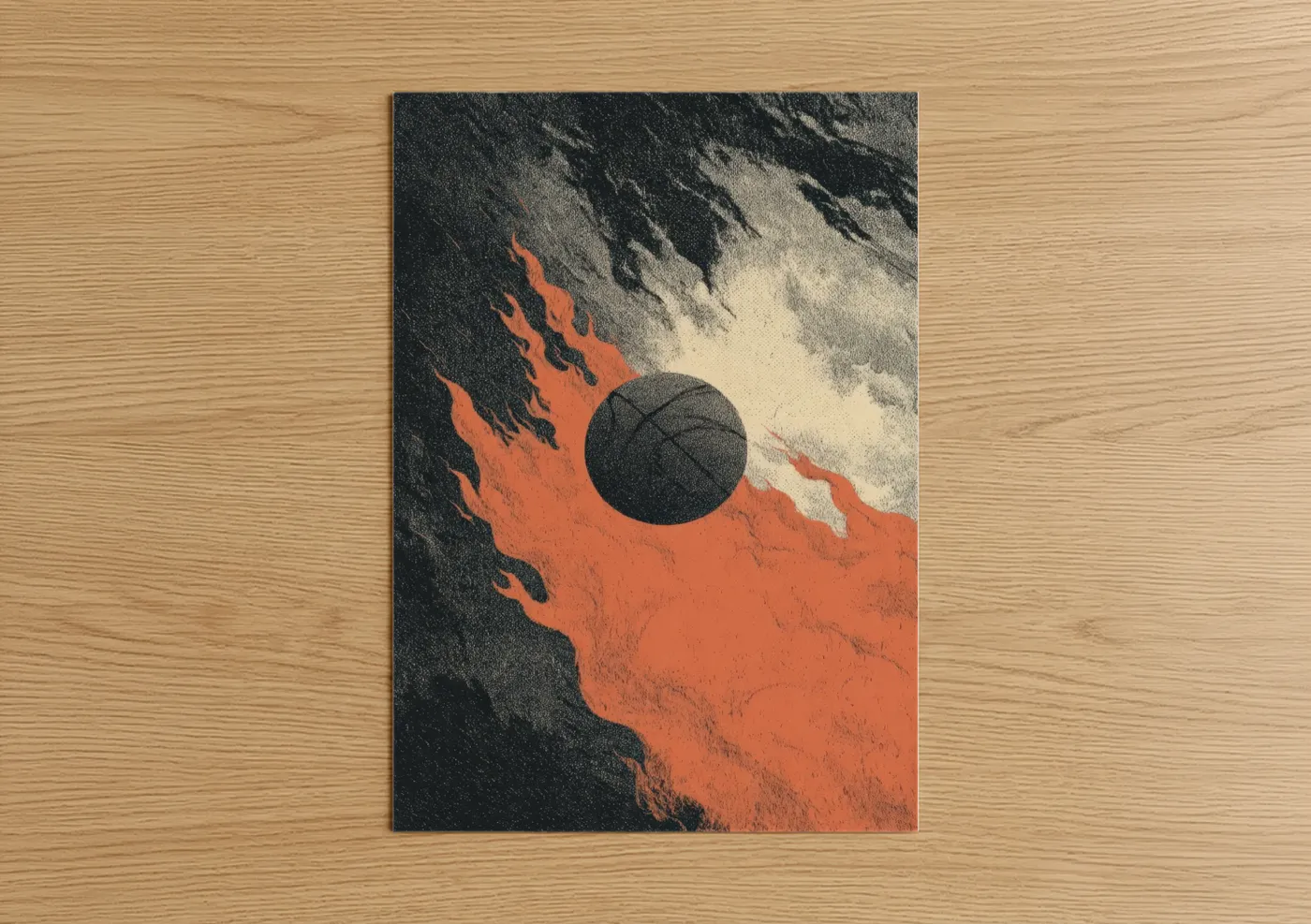 Art print on warm oak wood — orange and black palette — Inferno Basketball poster