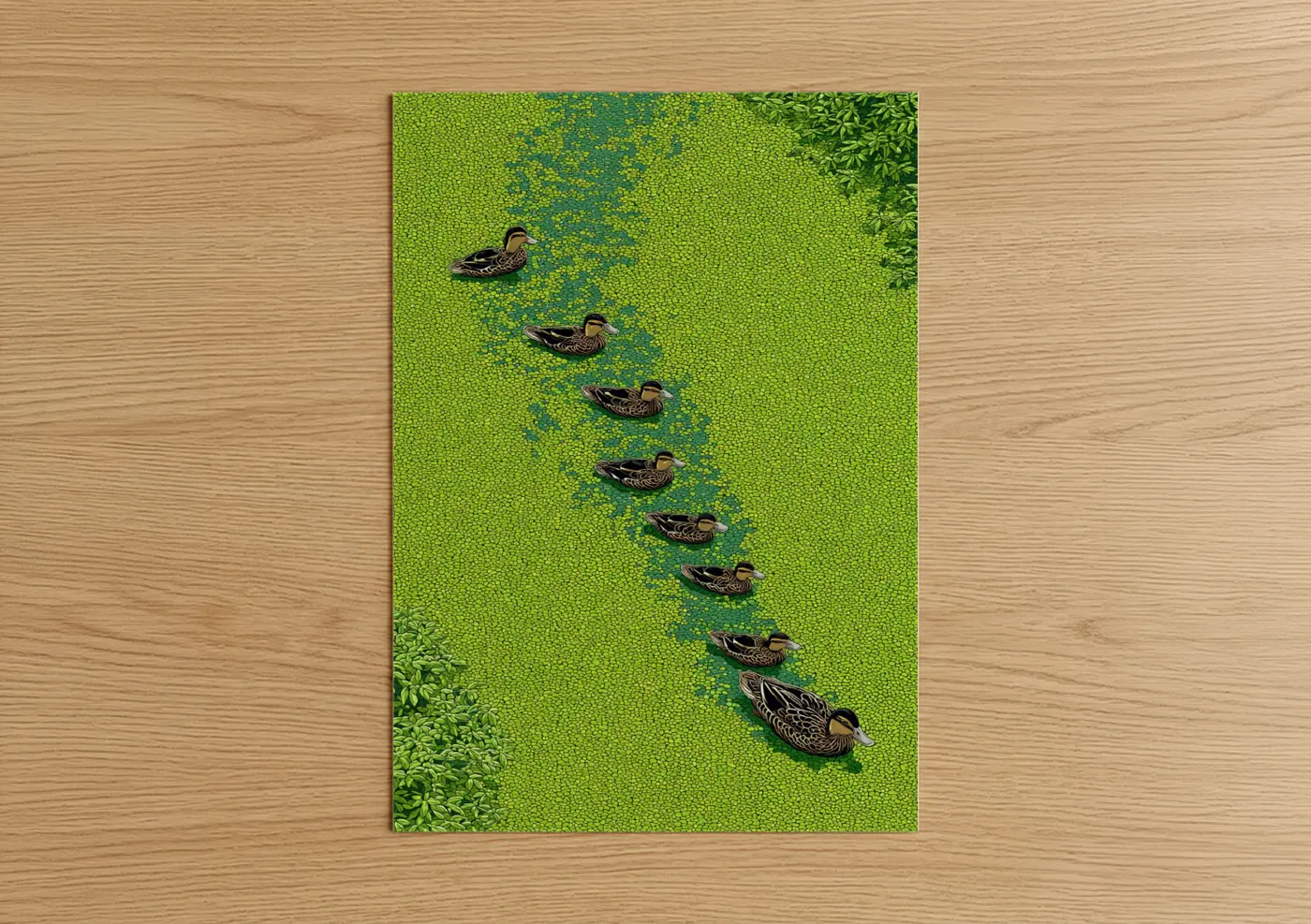 Ducks art print on warm oak wood — lime green and teal palette — Aerial Duck Flock poster