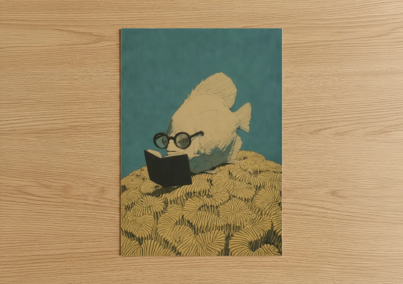 Angel fish art print on warm oak wood — teal and gold palette — Scholarly Angelfish poster