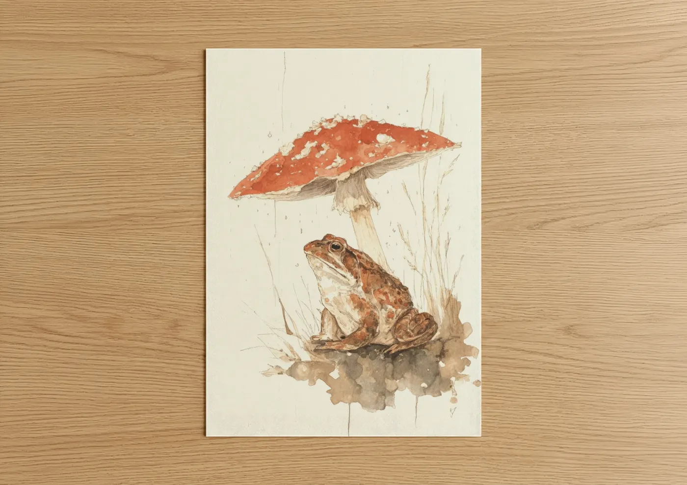 Toad with Red Mushroom Watercolor Wall Art
