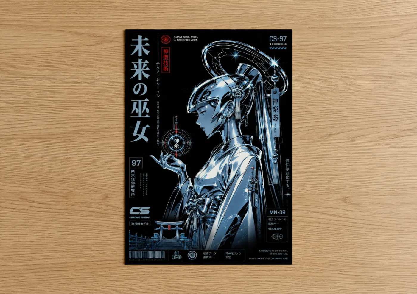 Extraterrestrial art print on warm oak wood — blue and black palette — Futuristic Japanese Cyborg Wall Art poster