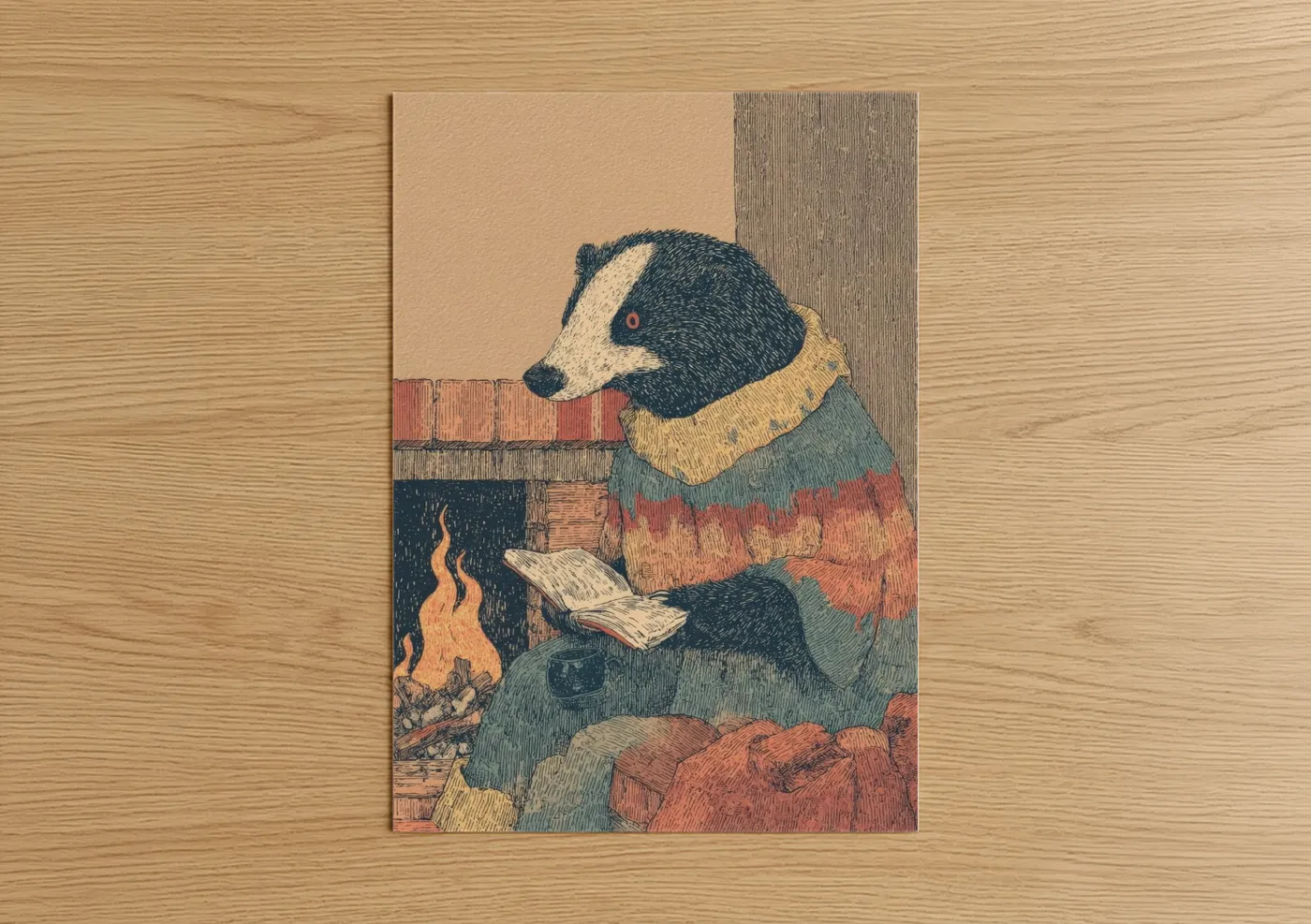 Sloth Bear Reading by Fireplace Wall Art