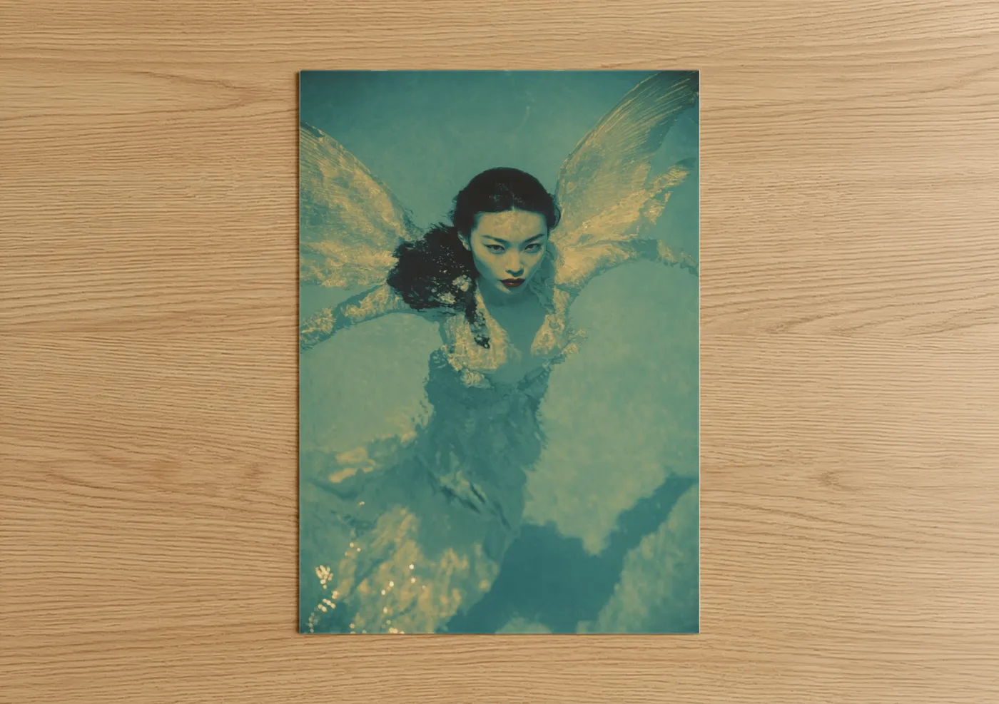 Art print on warm oak wood — teal and gold palette — Golden Mermaid poster