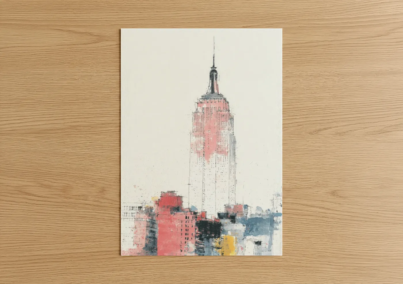 Empire state building art print on warm oak wood — salmon pink and gray and white palette — Crimson Empire poster