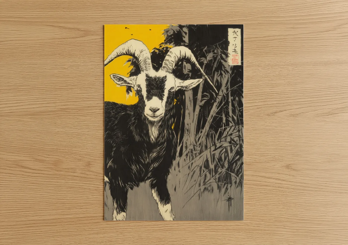 Art print on warm oak wood — gold and black and white palette — Golden Goat poster