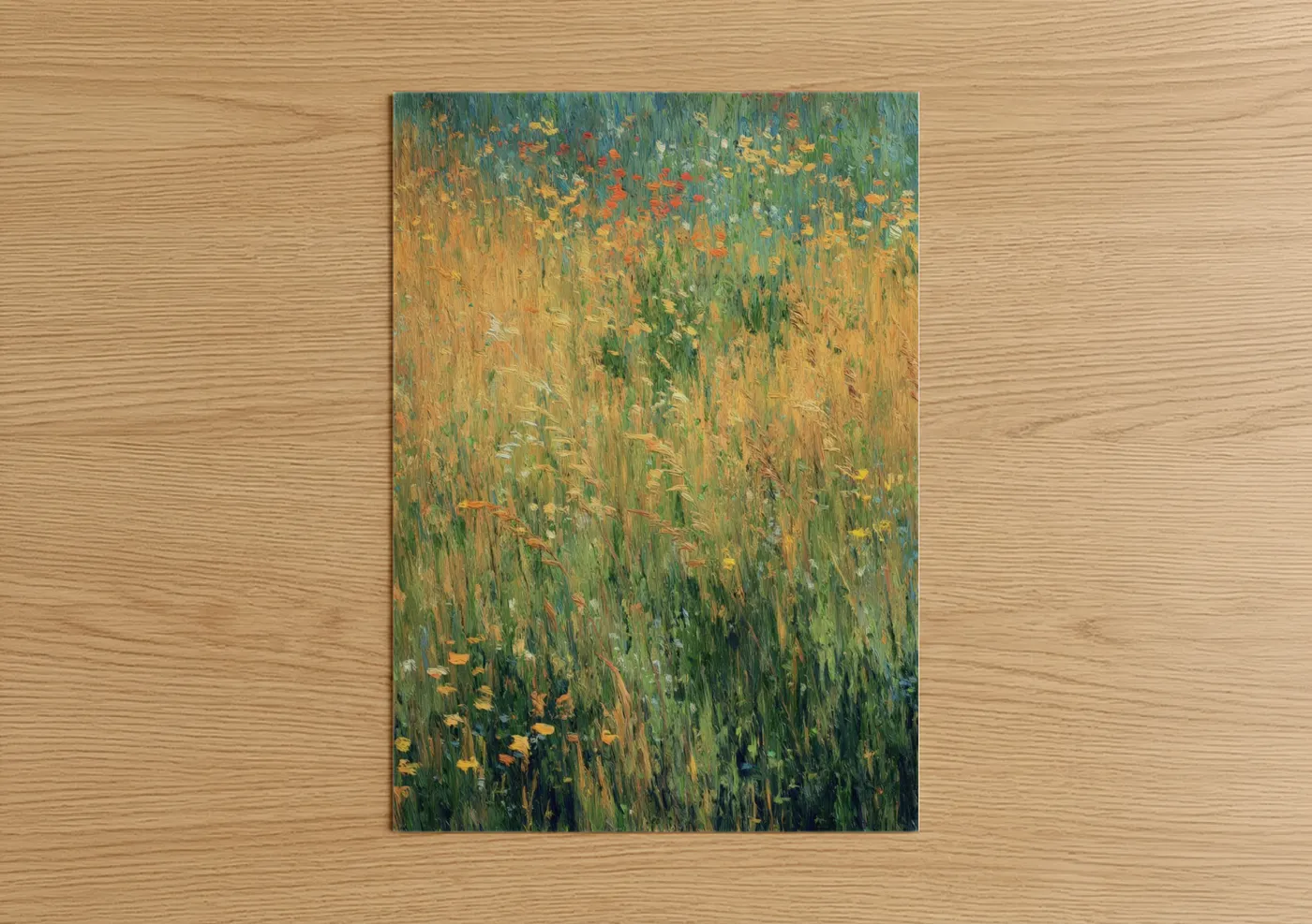 Grass art print on warm oak wood — gold and green palette — Golden Meadow poster
