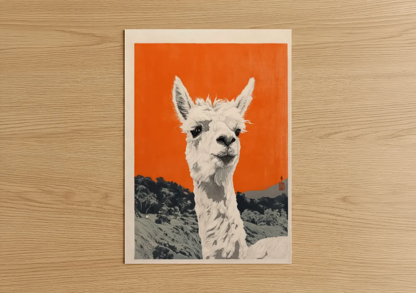 Art print on warm oak wood — orange and black and white palette — Crimson Alpaca poster