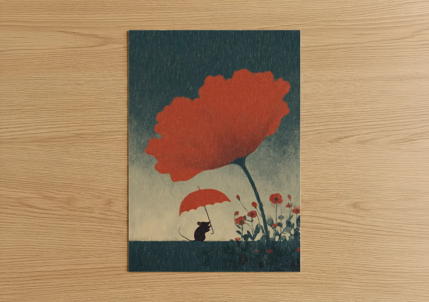 Mice art print on warm oak wood — dark blue and red palette — Rainy Day Mouse poster