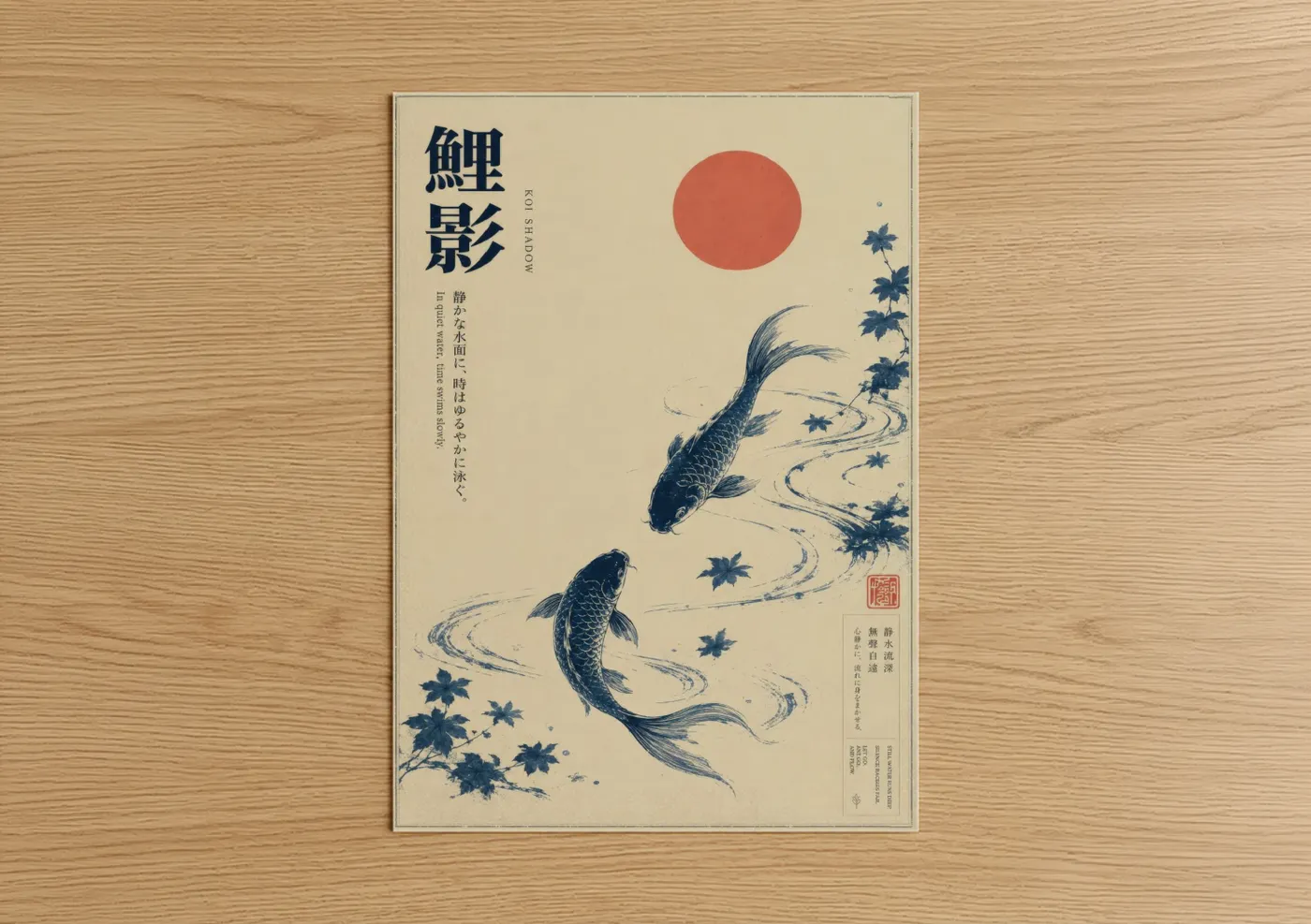 Art print on warm oak wood — beige and blue palette — Japanese Koi Fish Zen Wall Art poster