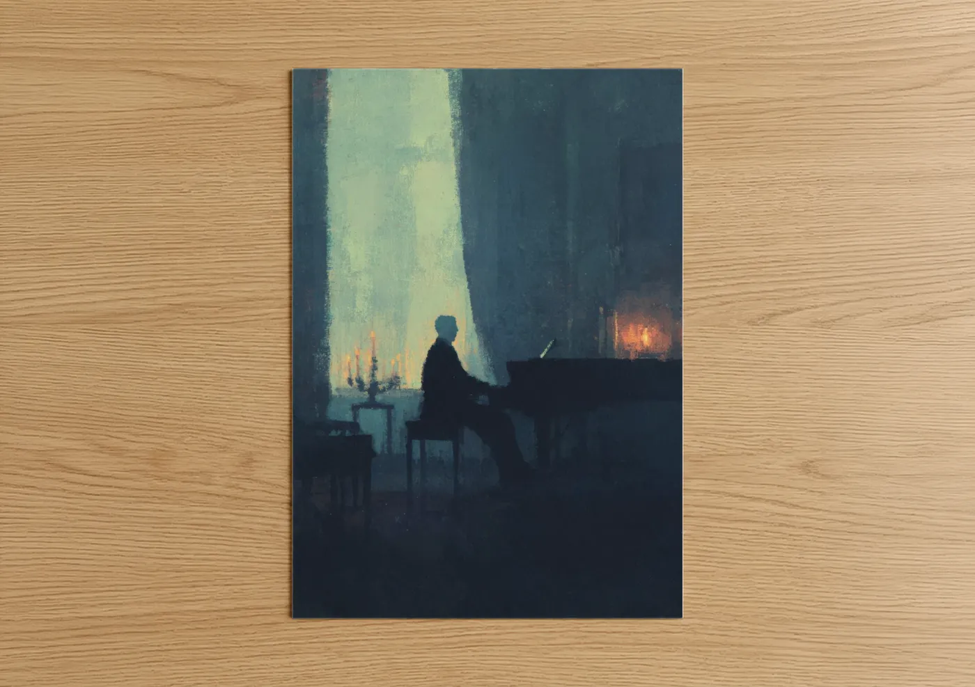 Blues art print on warm oak wood — dark blue and gold palette — Midnight Pianist poster