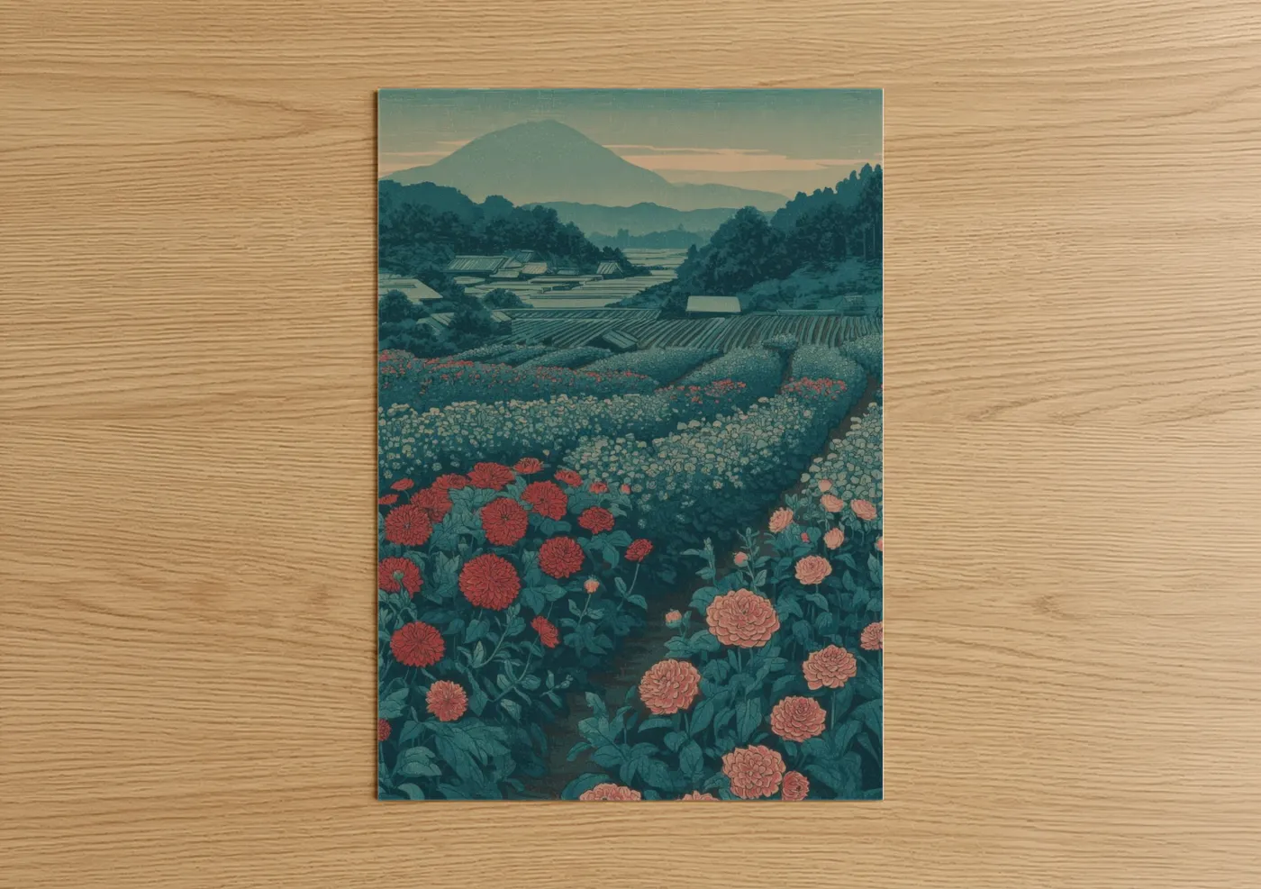 Art print on warm oak wood — teal and salmon pink palette — Mount Fuji Dahlias poster