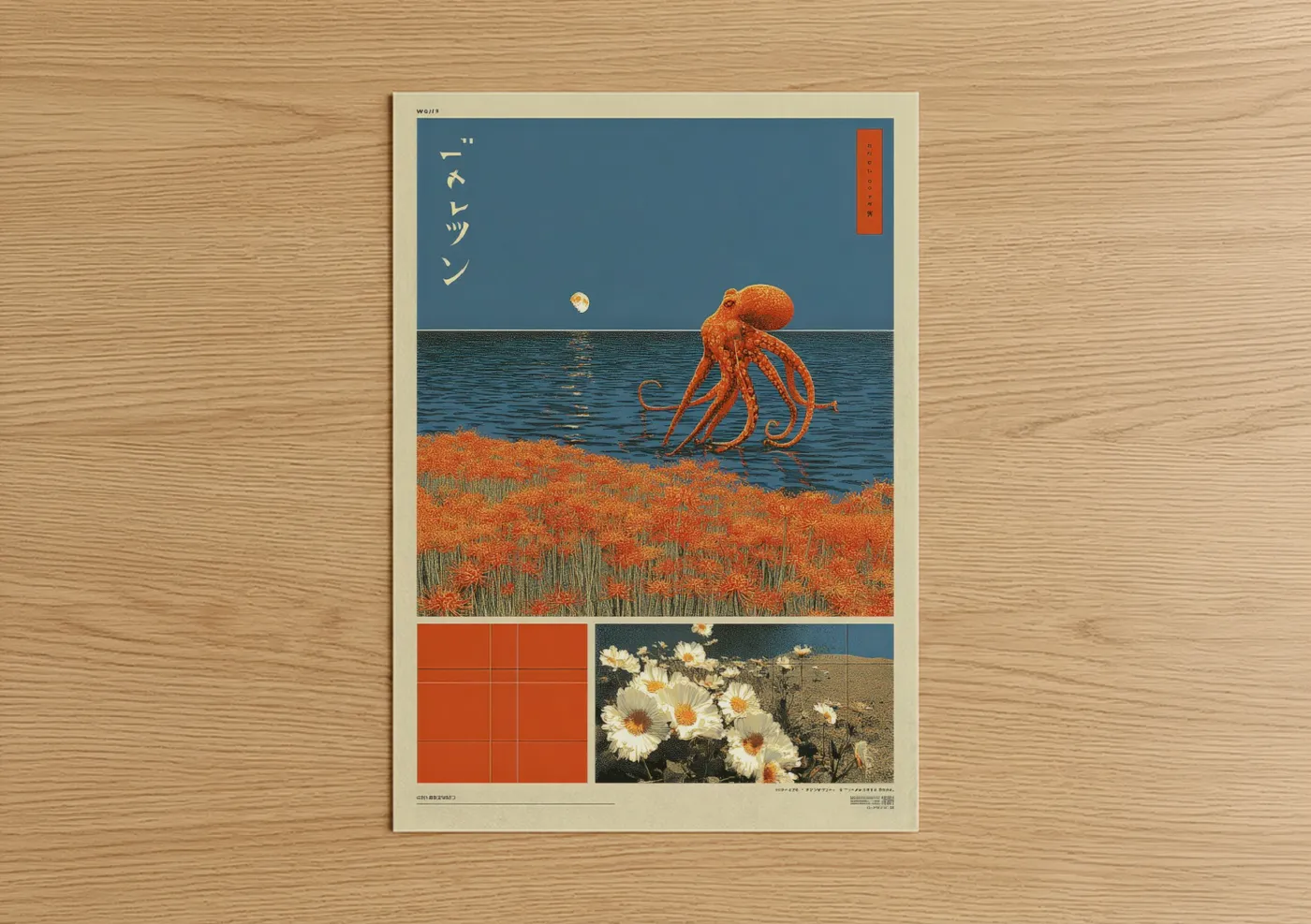 Japanese y2k art print on warm oak wood — blue and red palette — Octopus Reverie poster