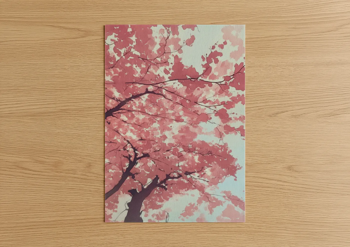 Art print on warm oak wood — pink and white palette — Pink Cherry Blossoms poster