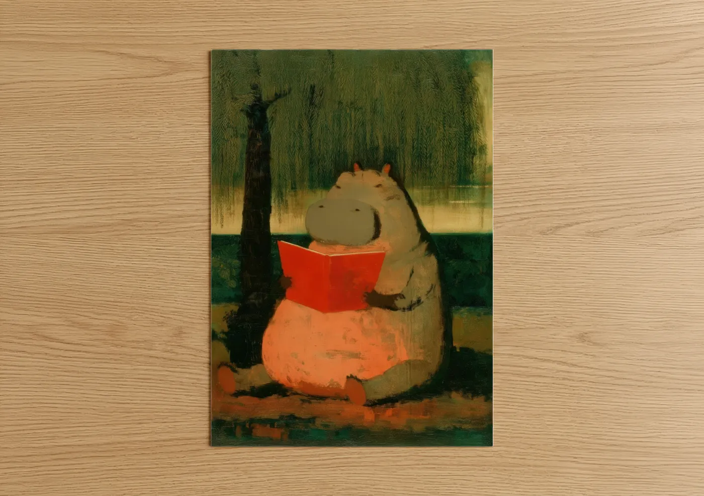 Whimsical Hippo Reading Book Illustration Wall Art