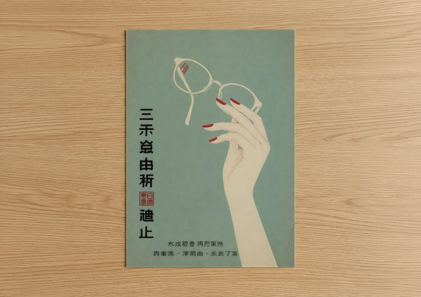 Nail art print on warm oak wood — sage green and cream palette — Vintage Japanese Fashion Beauty Wall Art poster