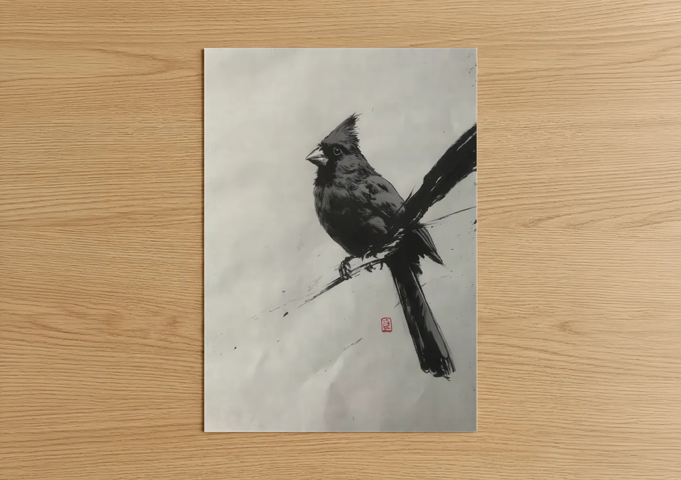 Art print on warm oak wood — black and white palette — Perched Cardinal poster