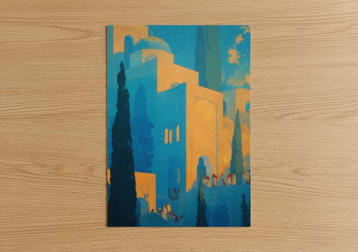 All saints day art print on warm oak wood — gold and blue palette — Golden Cathedral Procession poster