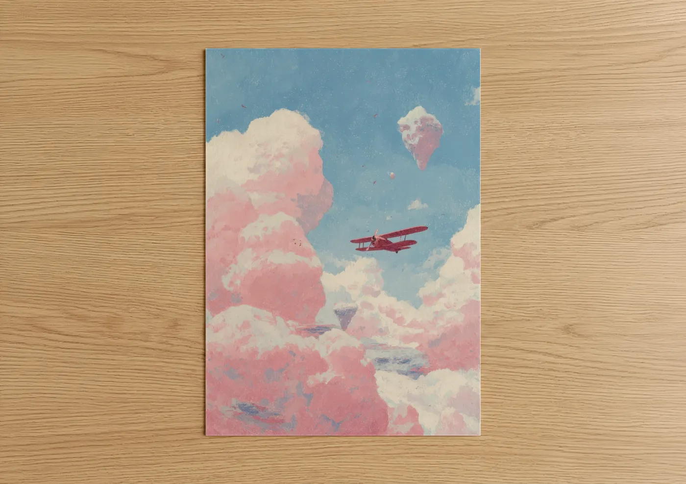 Propeller plane art print on warm oak wood — blue and pink palette — Candy Sky Biplane poster