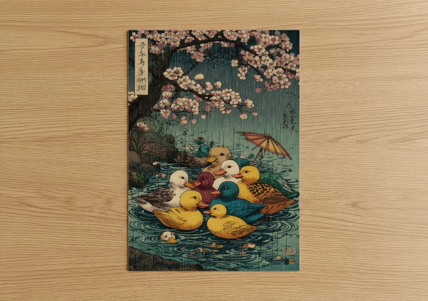 Cherry Blossom Ducks in Rain Wall Art