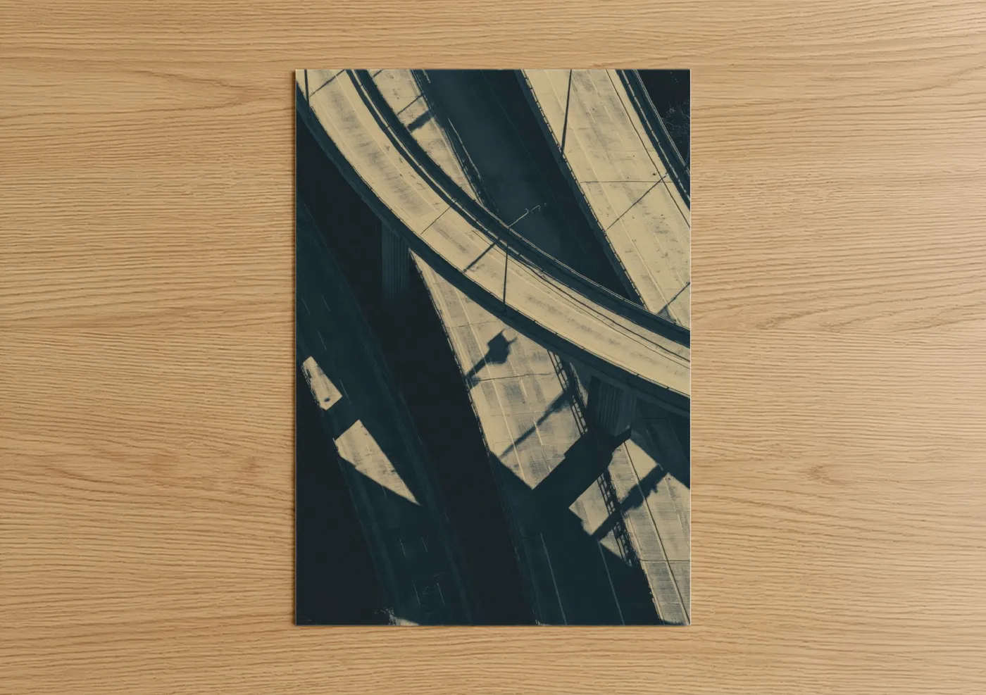 Road and highways art print on warm oak wood — black and white and gray palette — Aerial Highway Interchange poster